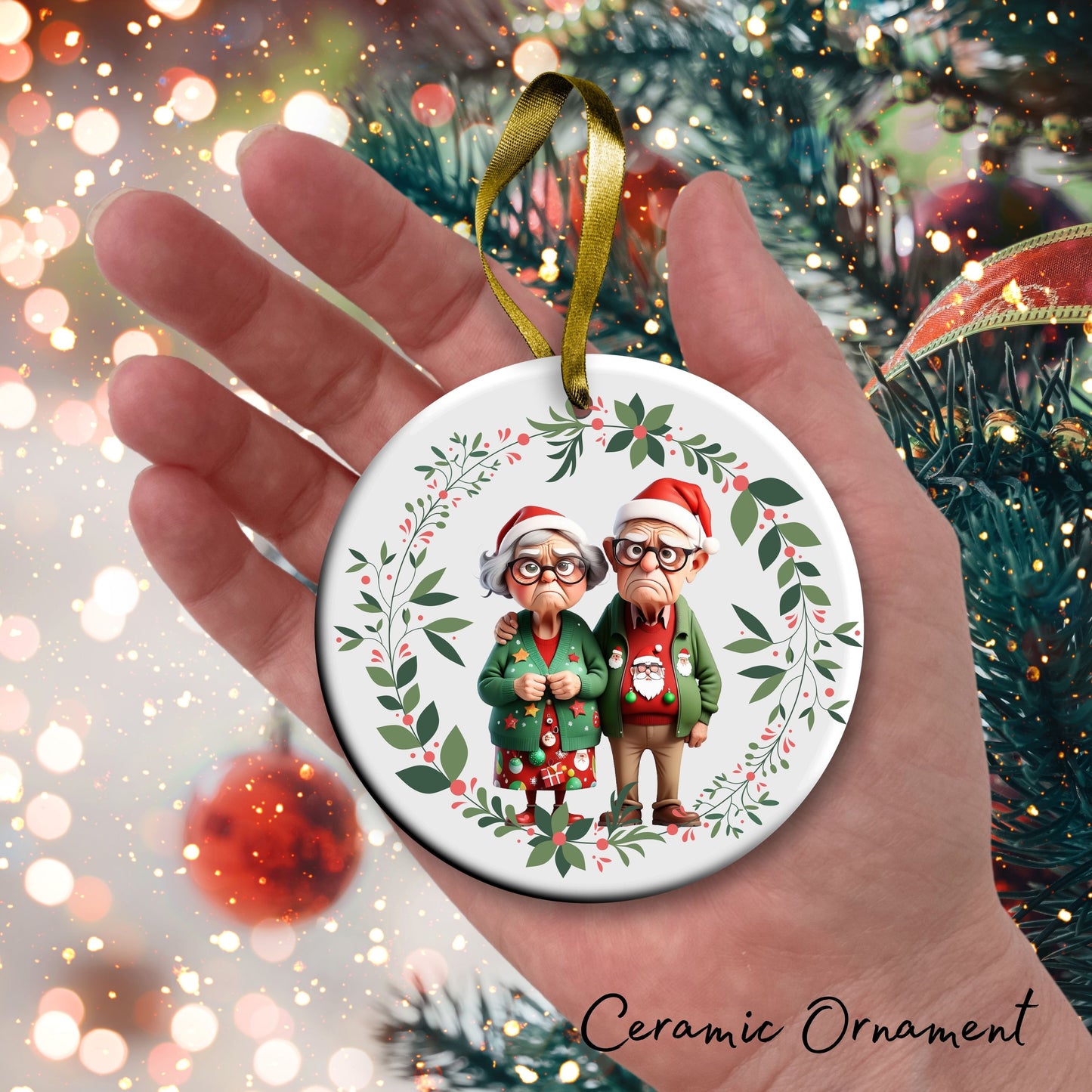 Grumpy Christmas Grandparents Ceramic Ornament 52-15