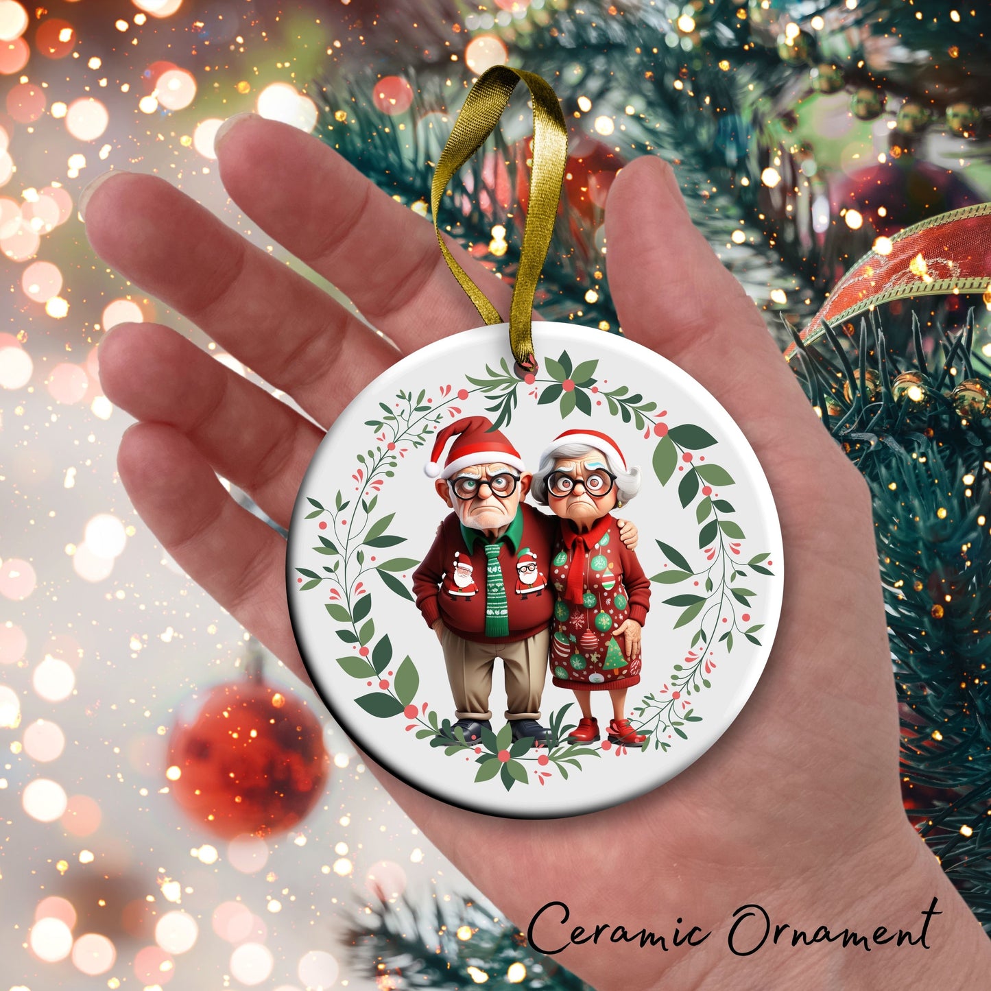 Grumpy Christmas Grandparents Ceramic Ornament 52-19