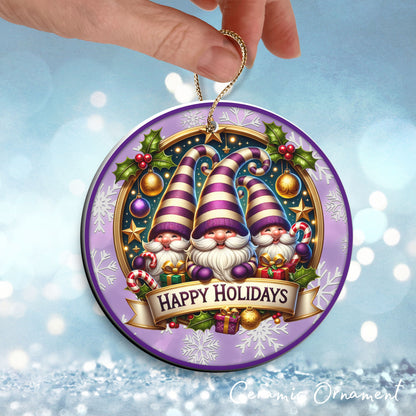 Happy Holidays Purple Gnome Ceramic Ornament 102-01