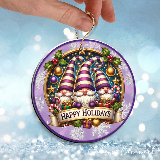 Happy Holidays Purple Gnome Ceramic Ornament 102-01