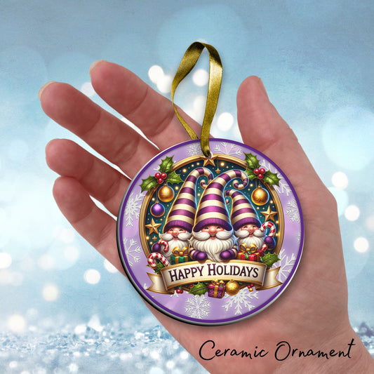 Happy Holidays Purple Gnome Ceramic Ornament 102-01