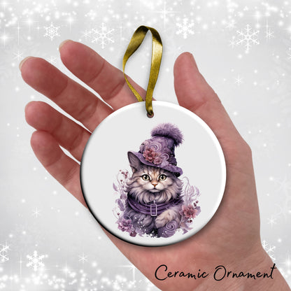 Purple Meowy Christmas Cat Ceramic Ornament 55-03
