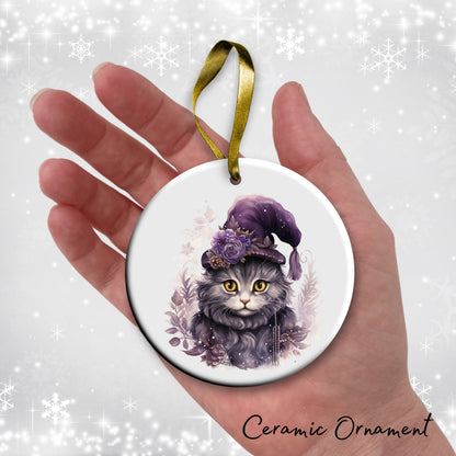 Purple Meowy Christmas Cat Ceramic Ornament 55-07