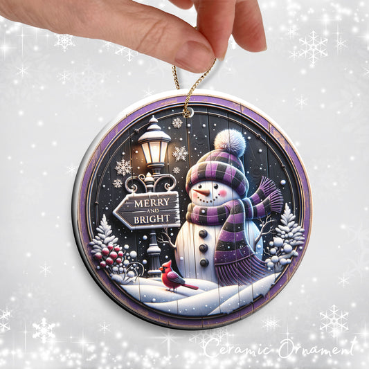 Rustic Merry and Bright Purple Snowman Ceramic Ornament 102-02