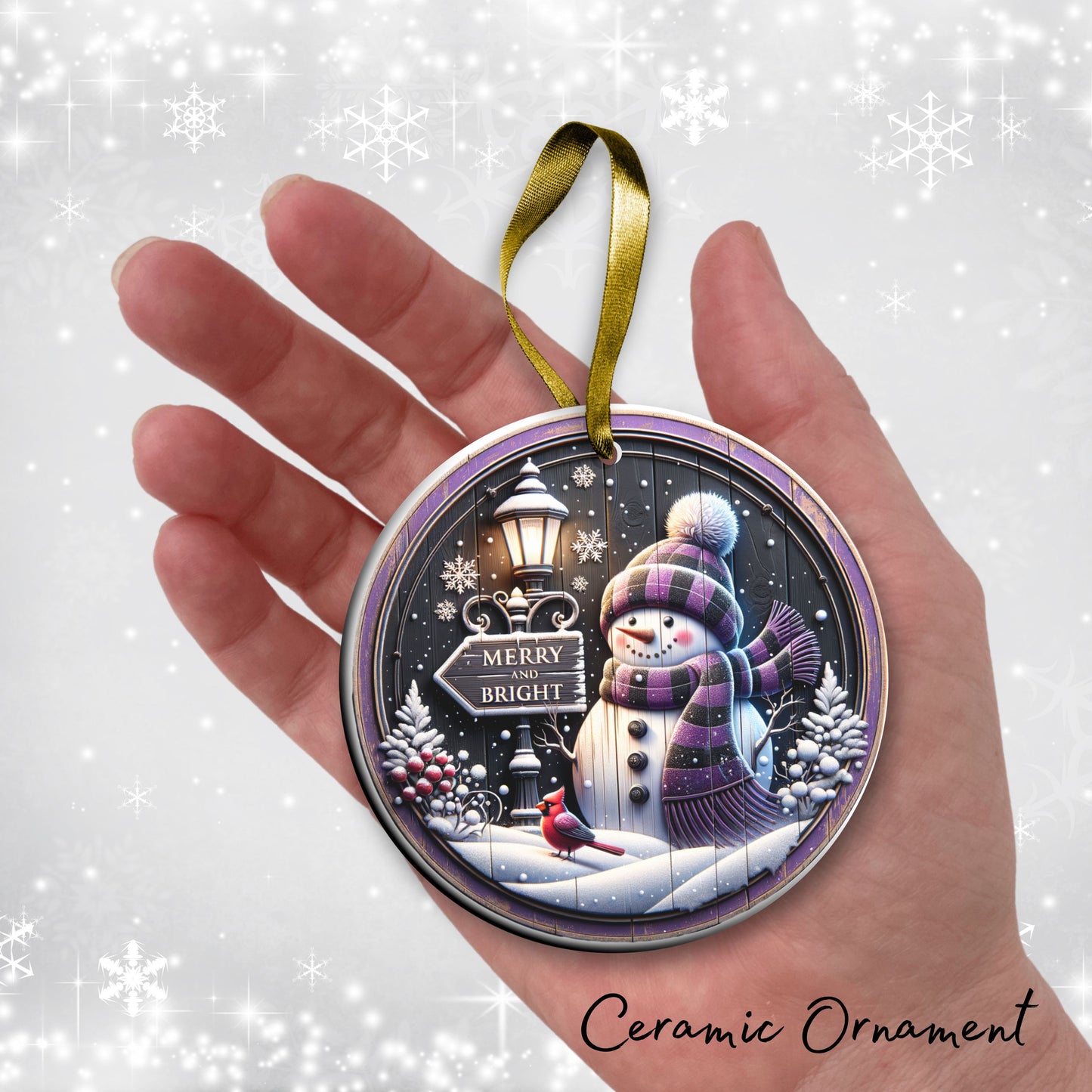Rustic Merry and Bright Purple Snowman Ceramic Ornament 102-02