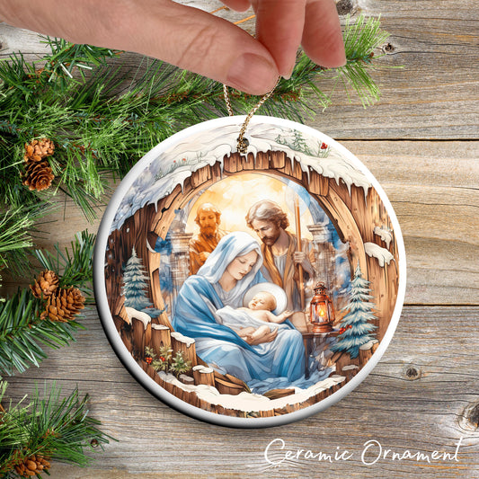 Christmas Nativity Ceramic Ornament 107-02 Mary Joseph Baby Jesus in Manger