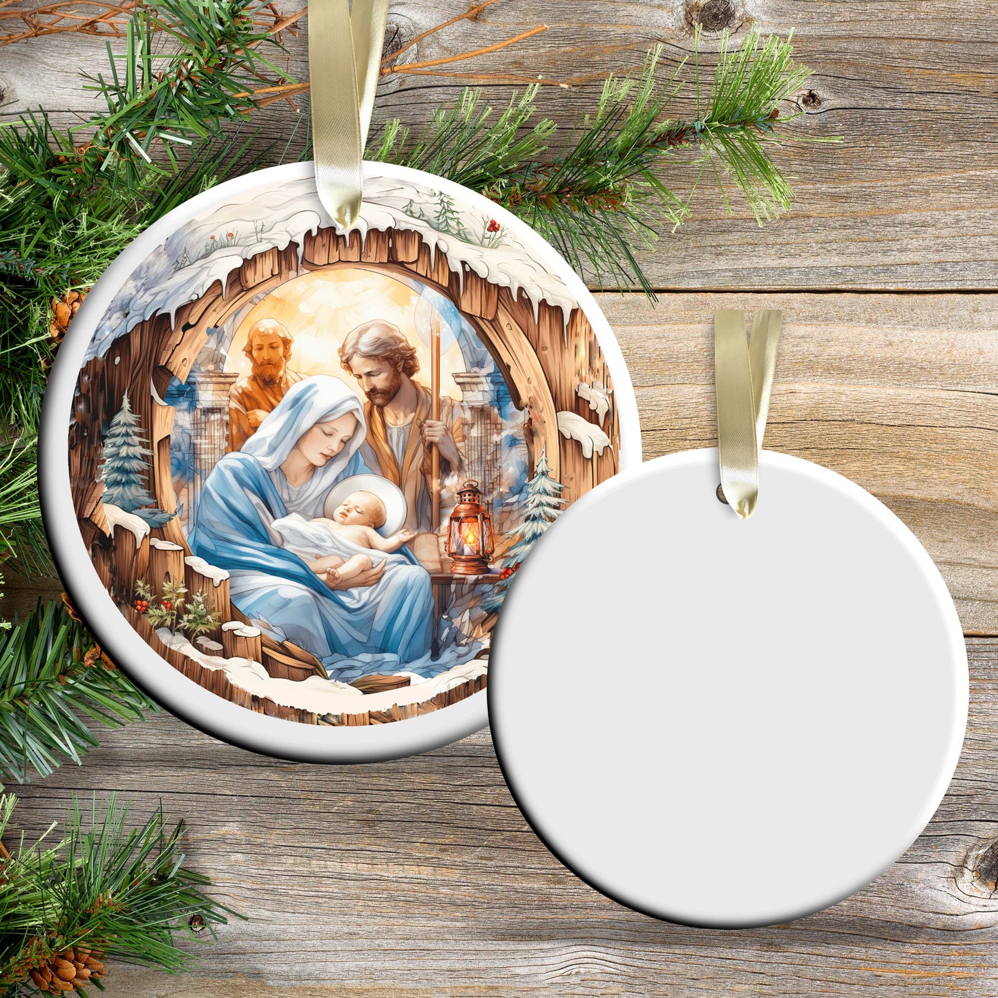 Christmas Nativity Ceramic Ornament 107-02 Mary Joseph Baby Jesus in Manger