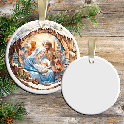 Christmas Nativity Ceramic Ornament 107-02 Mary Joseph Baby Jesus in Manger
