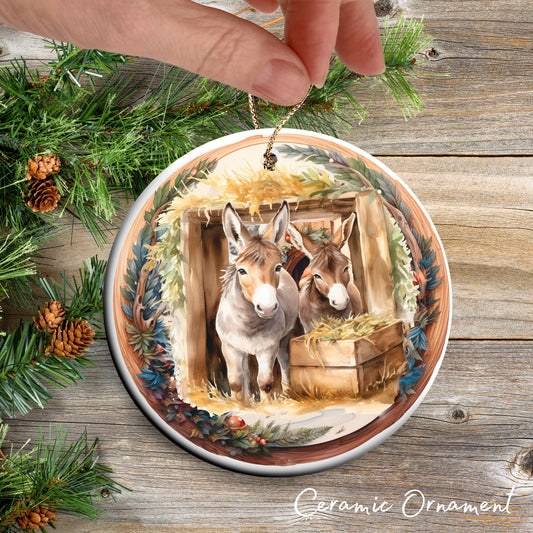 Christmas Nativity Ceramic Ornament 107-07 Manger with Donkeys
