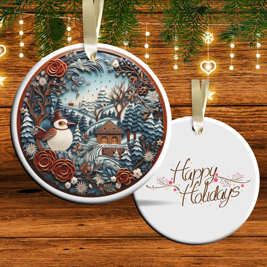 Oriental Bird Ceramic Ornament 61-03 Happy Holidays Keepsake Bauble
