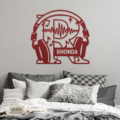 Personalized Headphones Monogram Letter R - Metal Sign