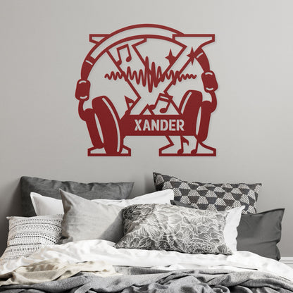 Personalized Headphones Monogram Letter X - Metal Sign