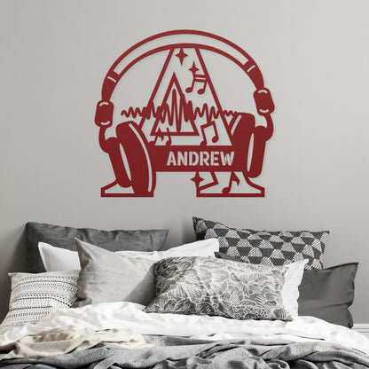 Personalized Headphones Monogram Letter A - Metal Sign