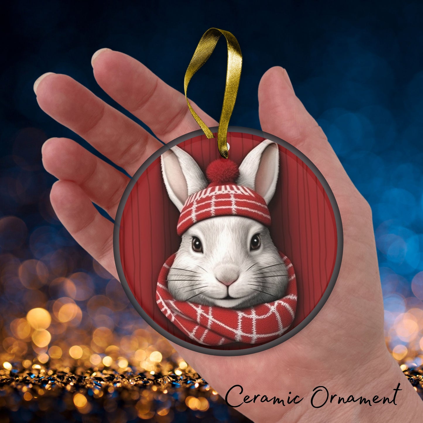 Red Rabbit Christmas Ceramic Ornament