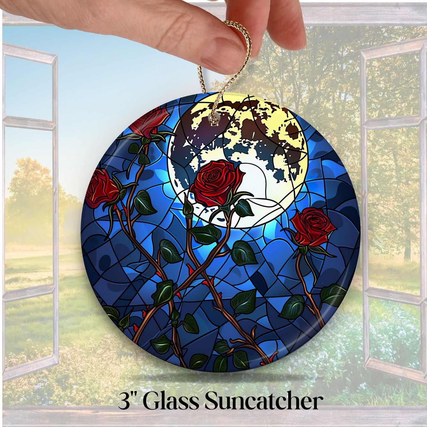 Unique Red Rose Dark Blues Glass Suncatcher Stained Glass 84-03