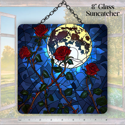 Unique Red Rose Dark Blues Glass Suncatcher Stained Glass 84-03