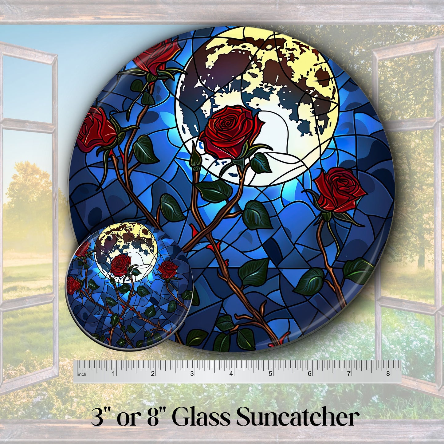 Unique Red Rose Dark Blues Glass Suncatcher Stained Glass 84-03