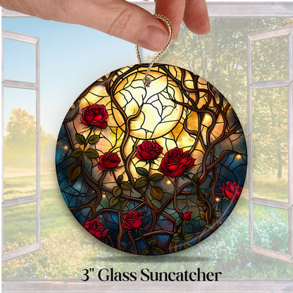Unique Red Rose Dark Blues Glass Suncatcher Stained Glass 84-07