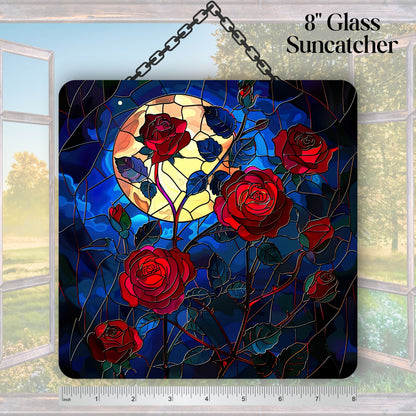 Unique Red Rose Dark Blues Glass Suncatcher Stained Glass 84-02