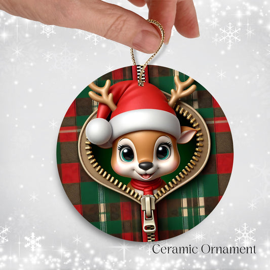 Cute Reindeer 3D Zipper Ornament Christmas Plaid 78-01