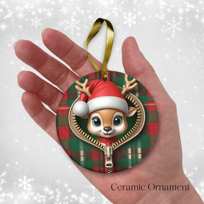 Cute Reindeer 3D Zipper Ornament Christmas Plaid 78-01