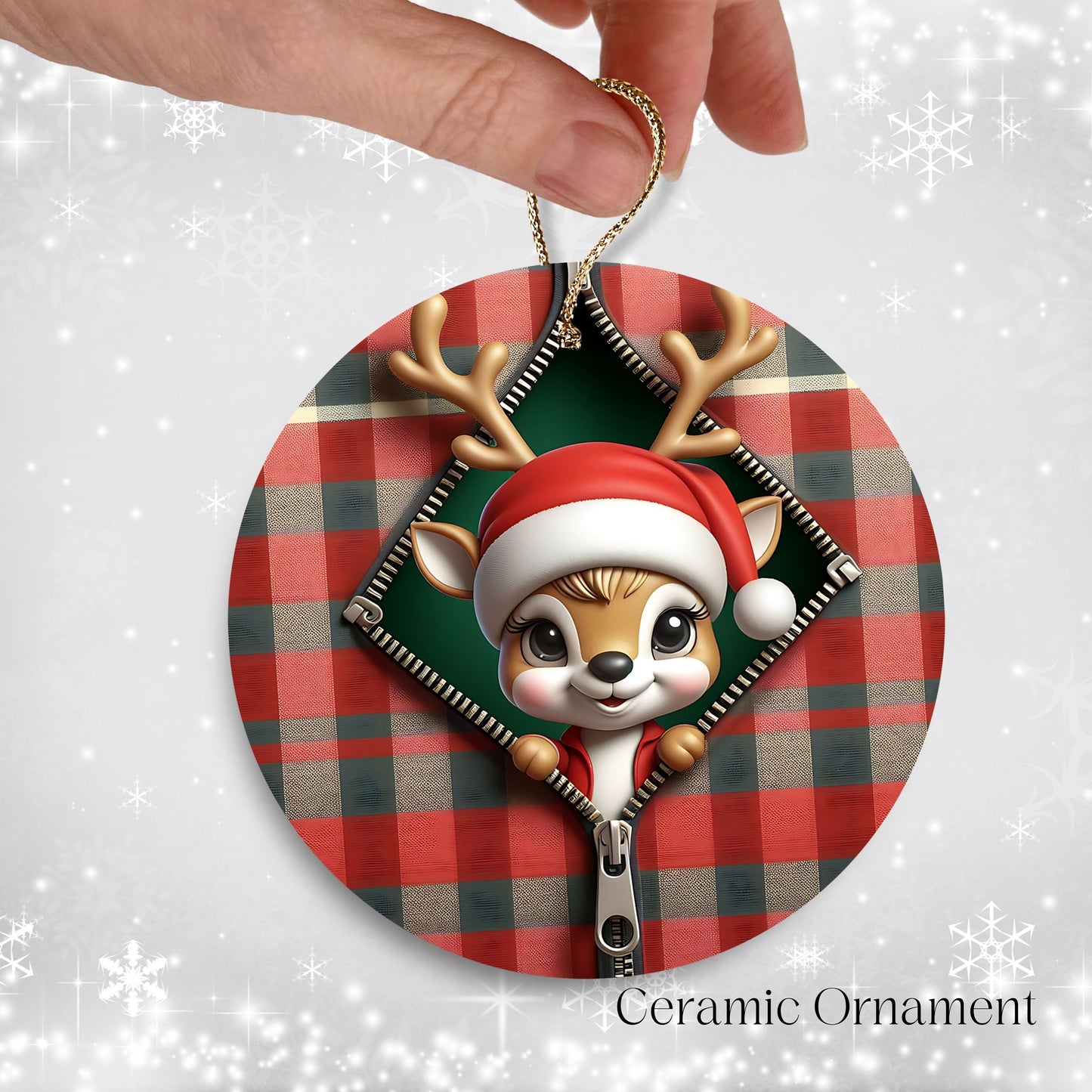 Cute Reindeer 3D Zipper Ornament Christmas Plaid 78-02