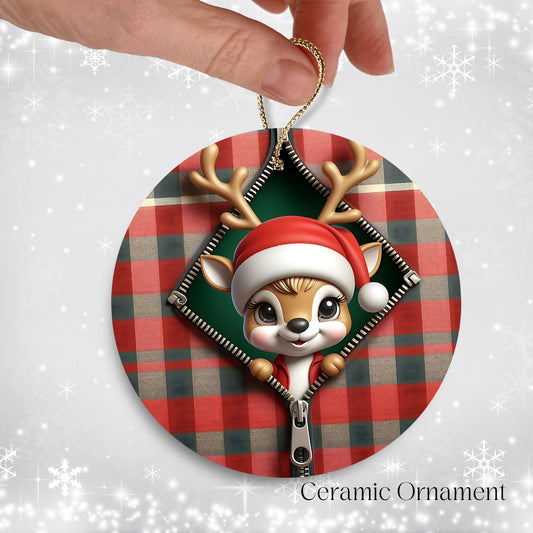 Cute Reindeer 3D Zipper Ornament Christmas Plaid 78-02