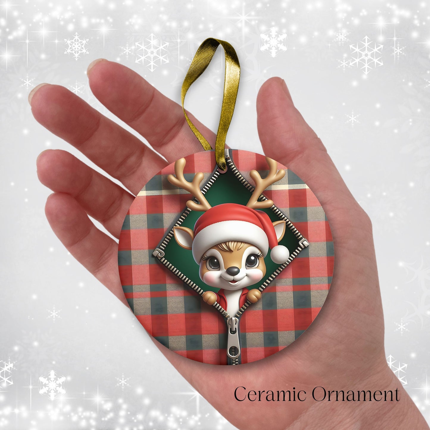 Cute Reindeer 3D Zipper Ornament Christmas Plaid 78-02
