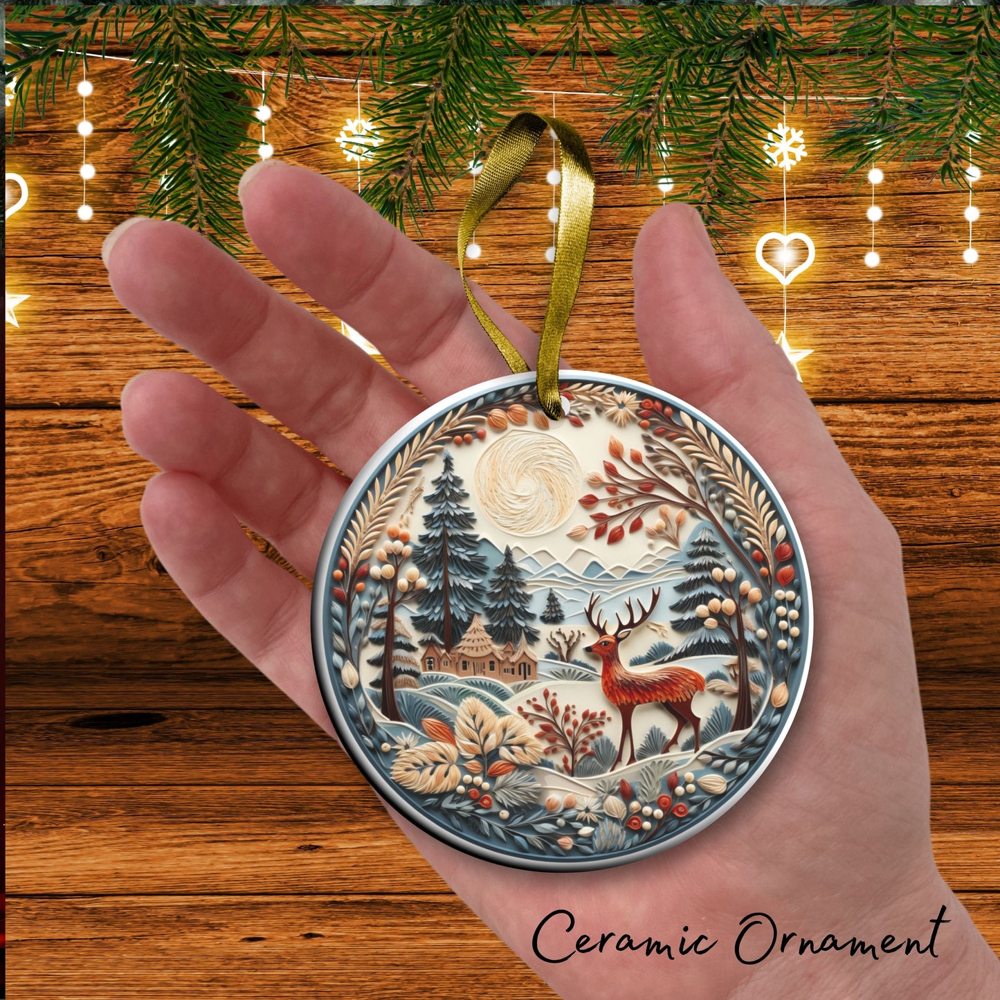 Reindeer Ceramic Ornament 61-05 Happy Holidays Keepsake Bauble