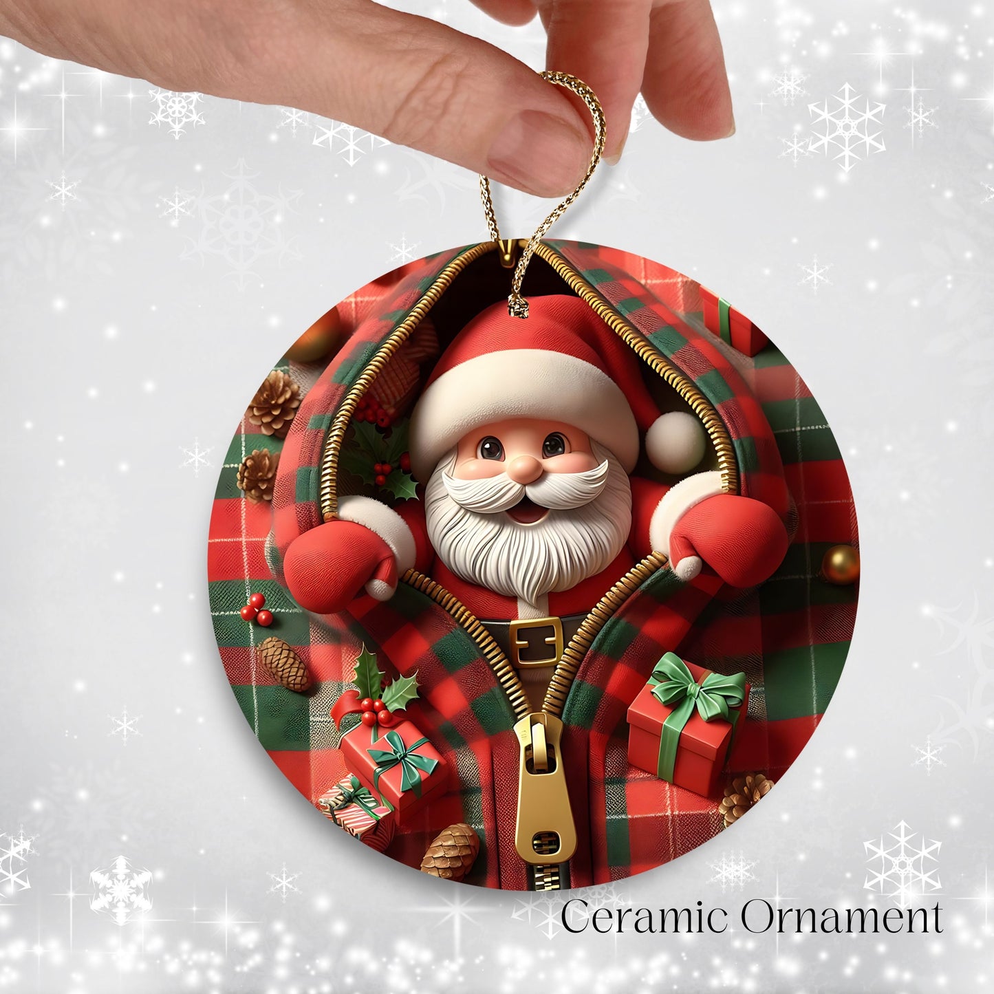 Cute Santa Claus 3D Zipper Ornament Christmas Plaid 78-02