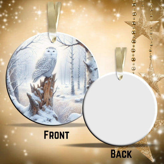 Snowy Owl in Winter Forest Ceramic Ornament 36-01