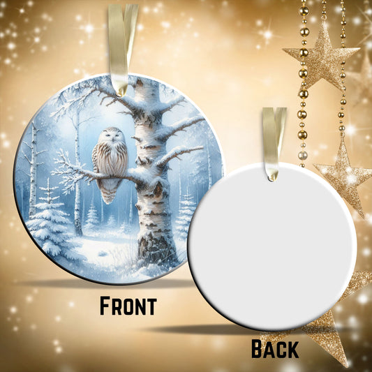 Snowy Owl in Winter Forest Ceramic Ornament 36-02