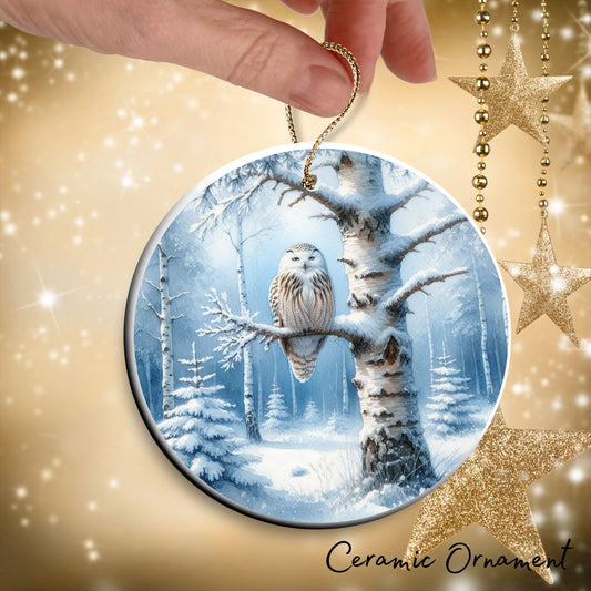 Snowy Owl in Winter Forest Ceramic Ornament 36-02