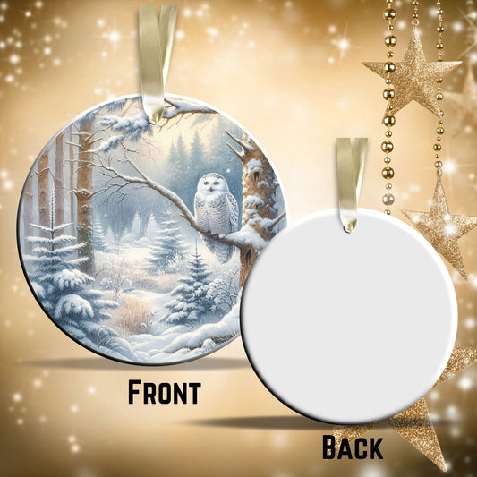 Snowy Owl in Winter Forest Ceramic Ornament 36-05