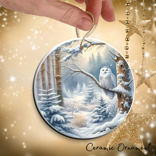 Snowy Owl in Winter Forest Ceramic Ornament 36-05