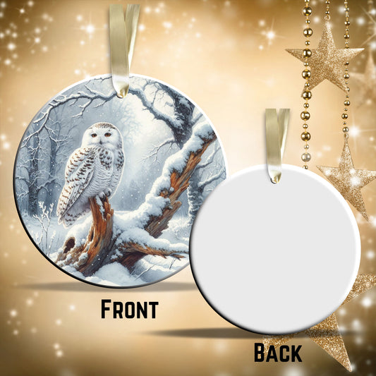 Snowy Owl in Winter Forest Ceramic Ornament 36-06