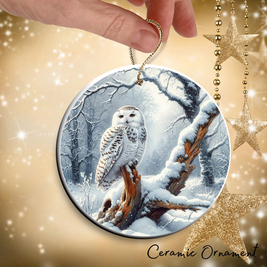 Snowy Owl in Winter Forest Ceramic Ornament 36-06