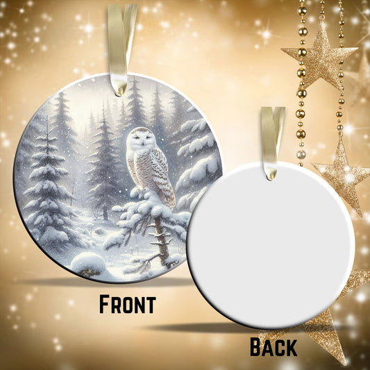 Snowy Owl in Winter Forest Ceramic Ornament 36-07