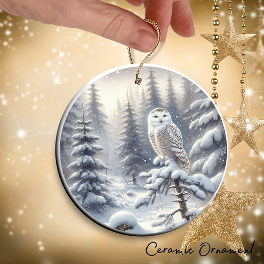 Snowy Owl in Winter Forest Ceramic Ornament 36-07
