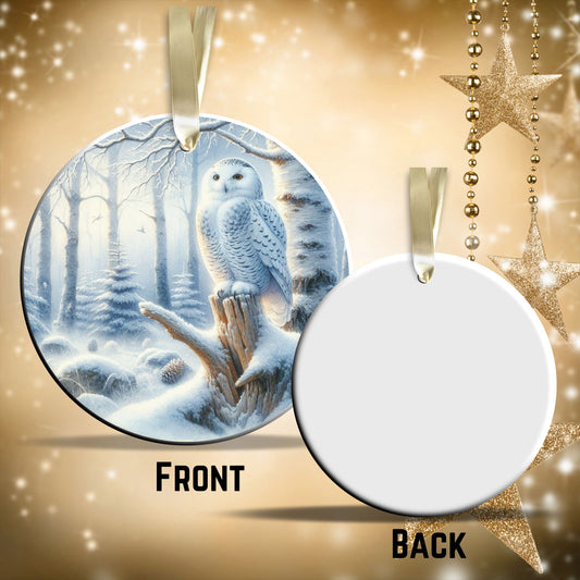 Snowy Owl in Winter Forest Ceramic Ornament 36-08