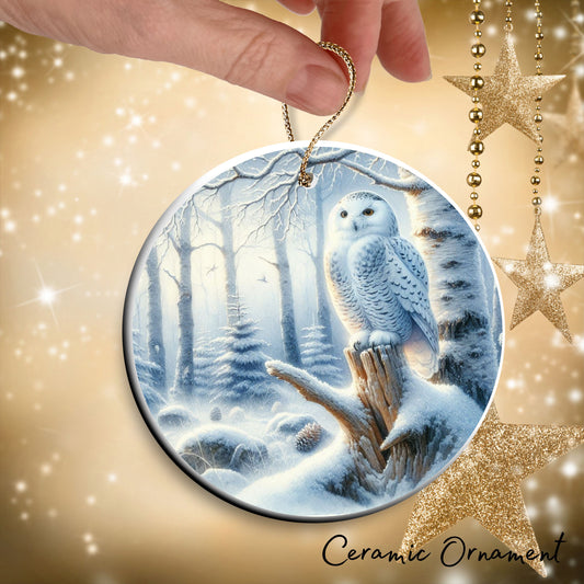 Snowy Owl in Winter Forest Ceramic Ornament 36-08