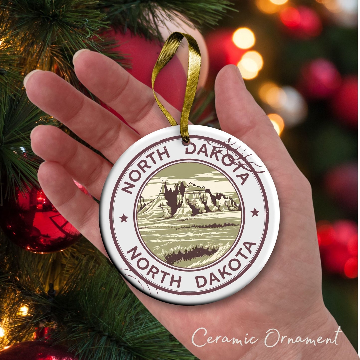 North Dakota State Christmas Ornament - Personalized Ceramic 66-ND