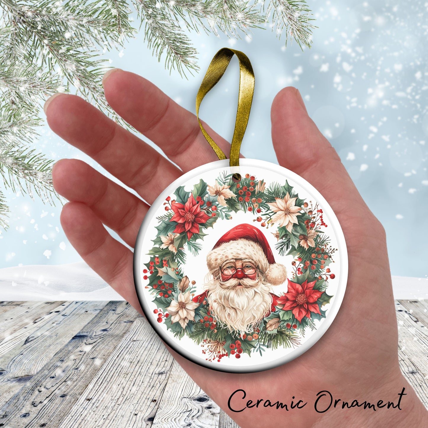 Retro Santa Claus Watercolor Ceramic Ornament 152-07