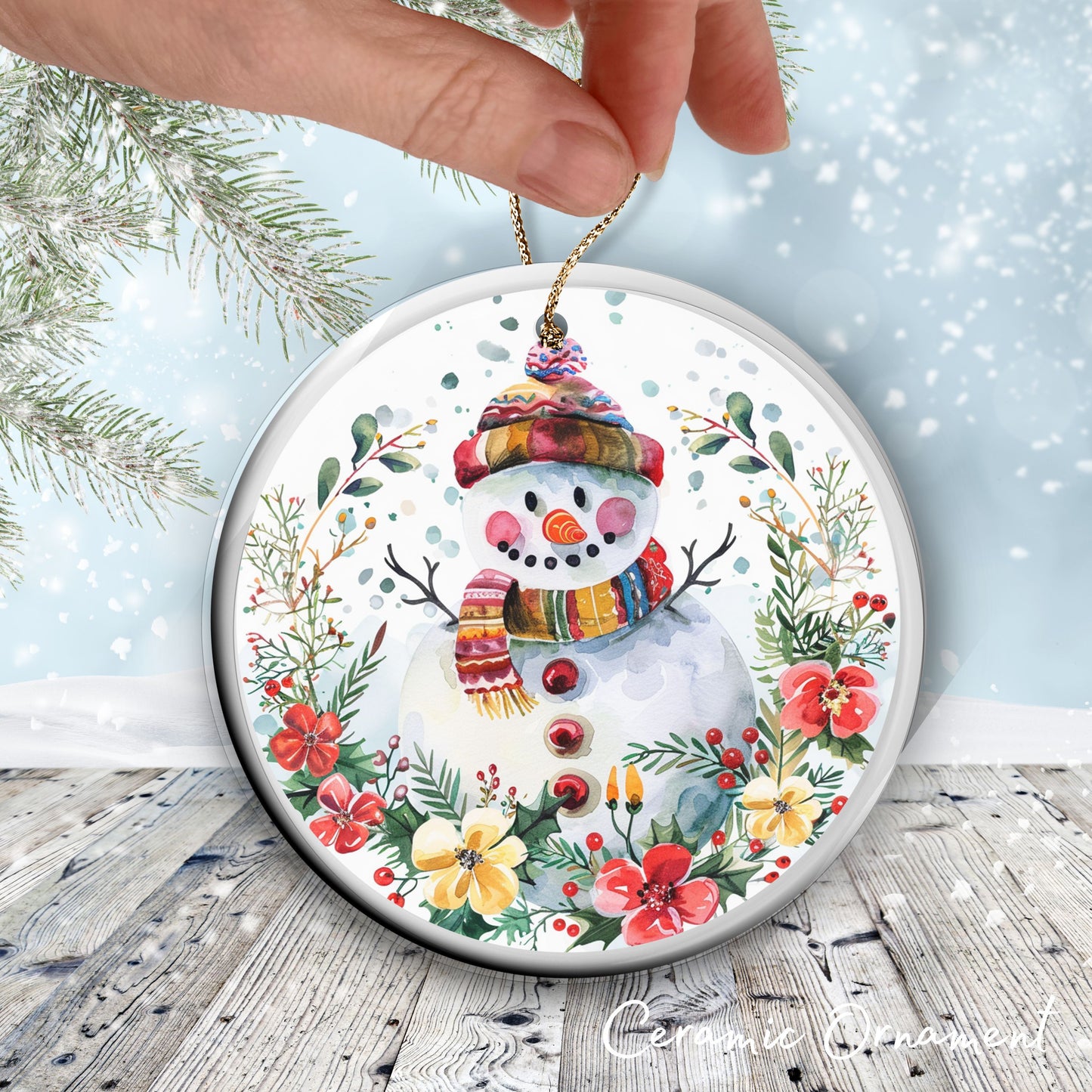 Retro Snowman Watercolor Ceramic Ornament 151-101