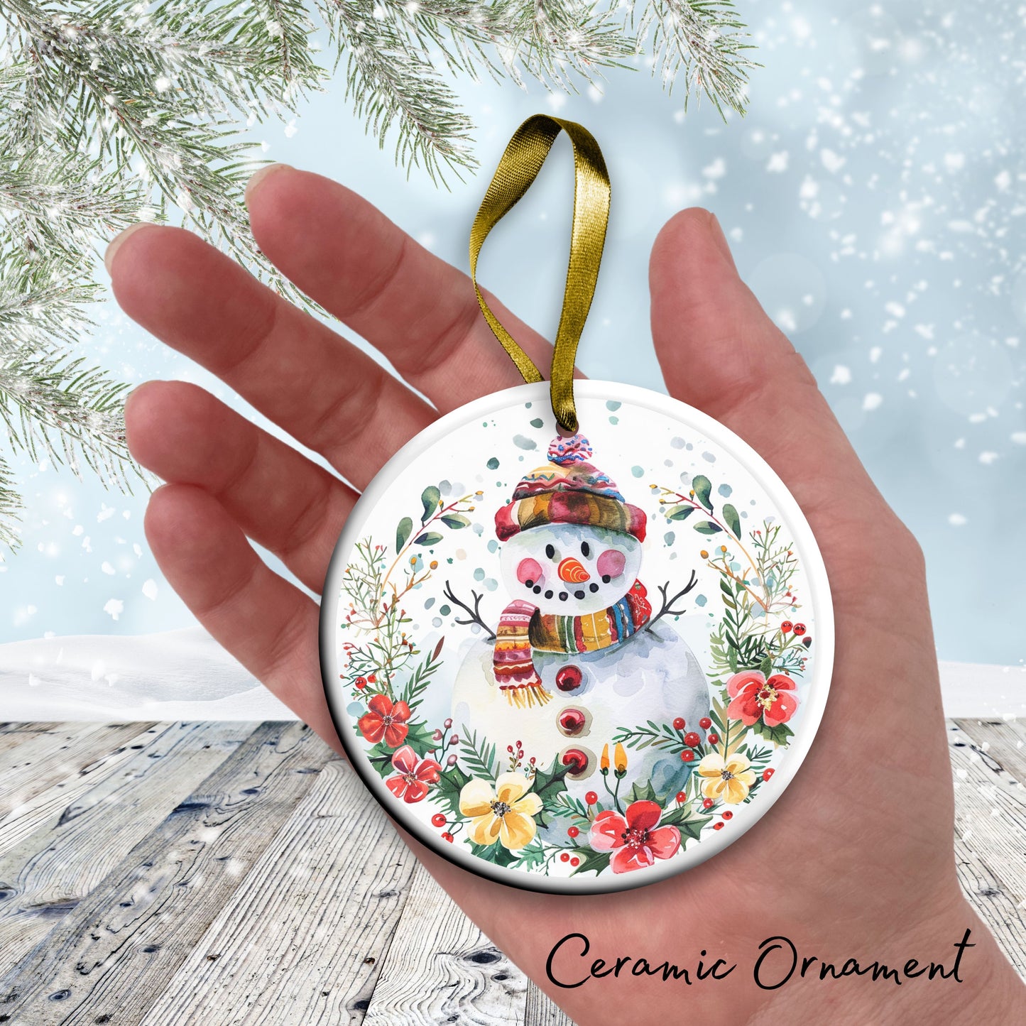 Retro Snowman Watercolor Ceramic Ornament 151-101